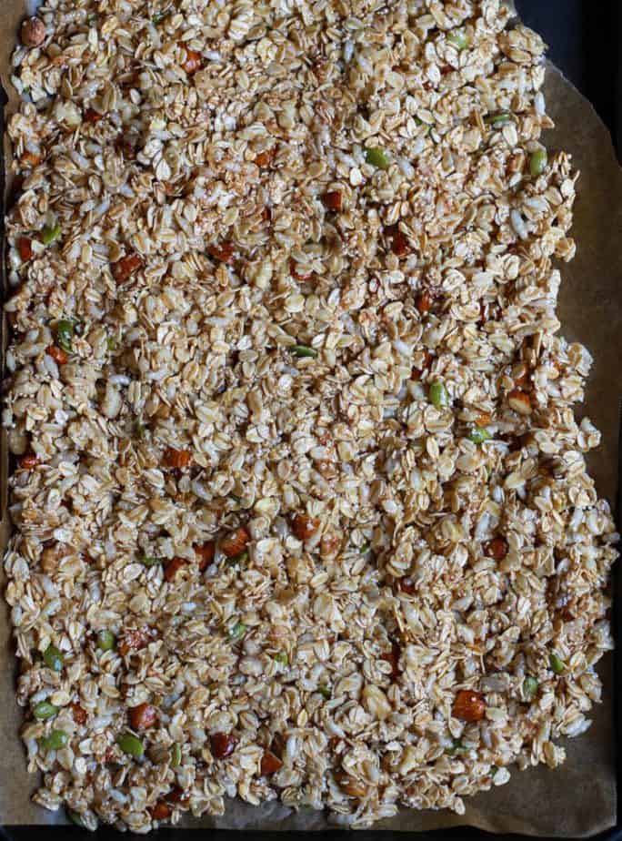 Ready for the oven Almond Date Granola | Easy Vegan Breakfast Recipe