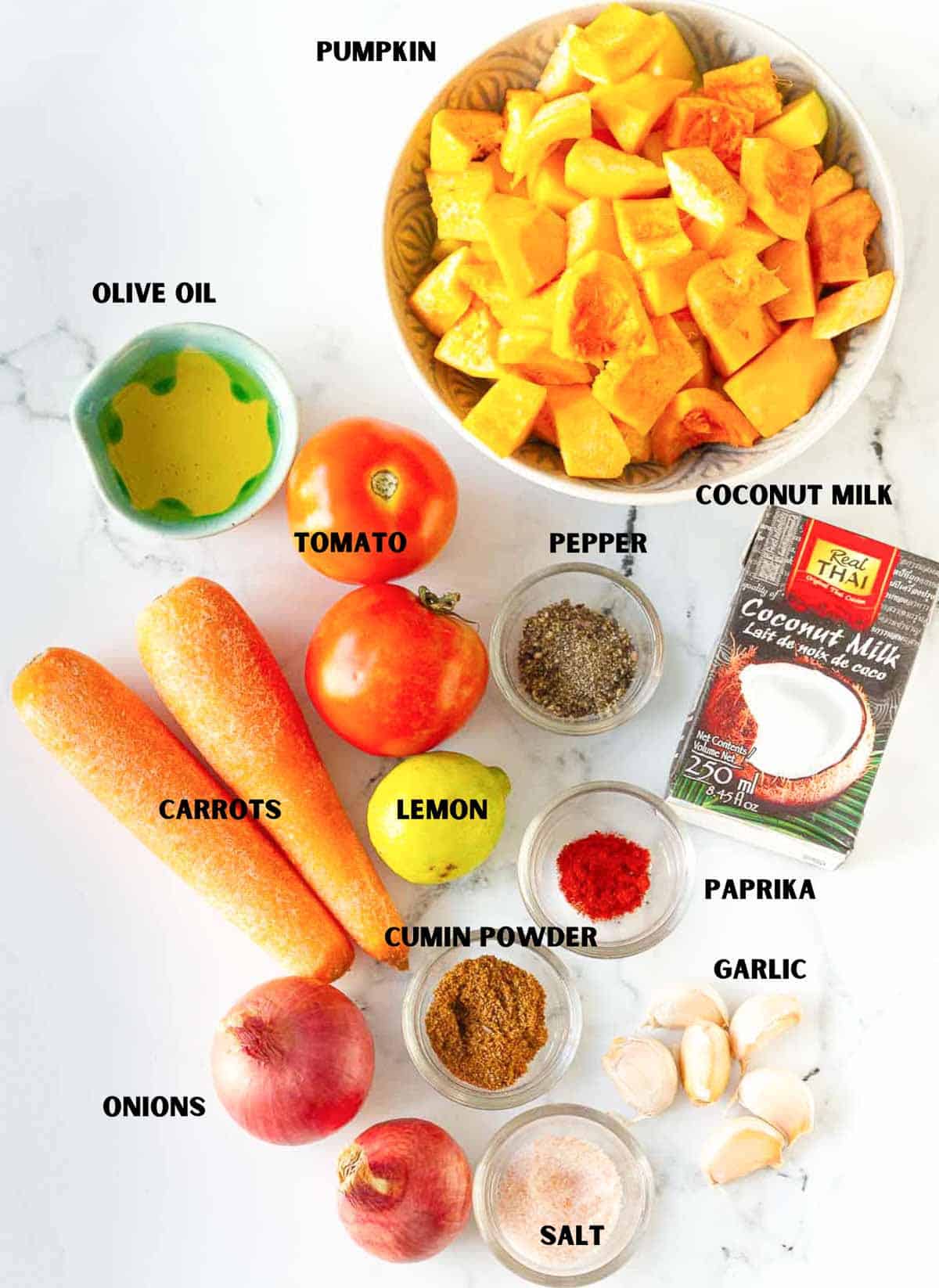 Ingredients for making roasted pumpkin soup.