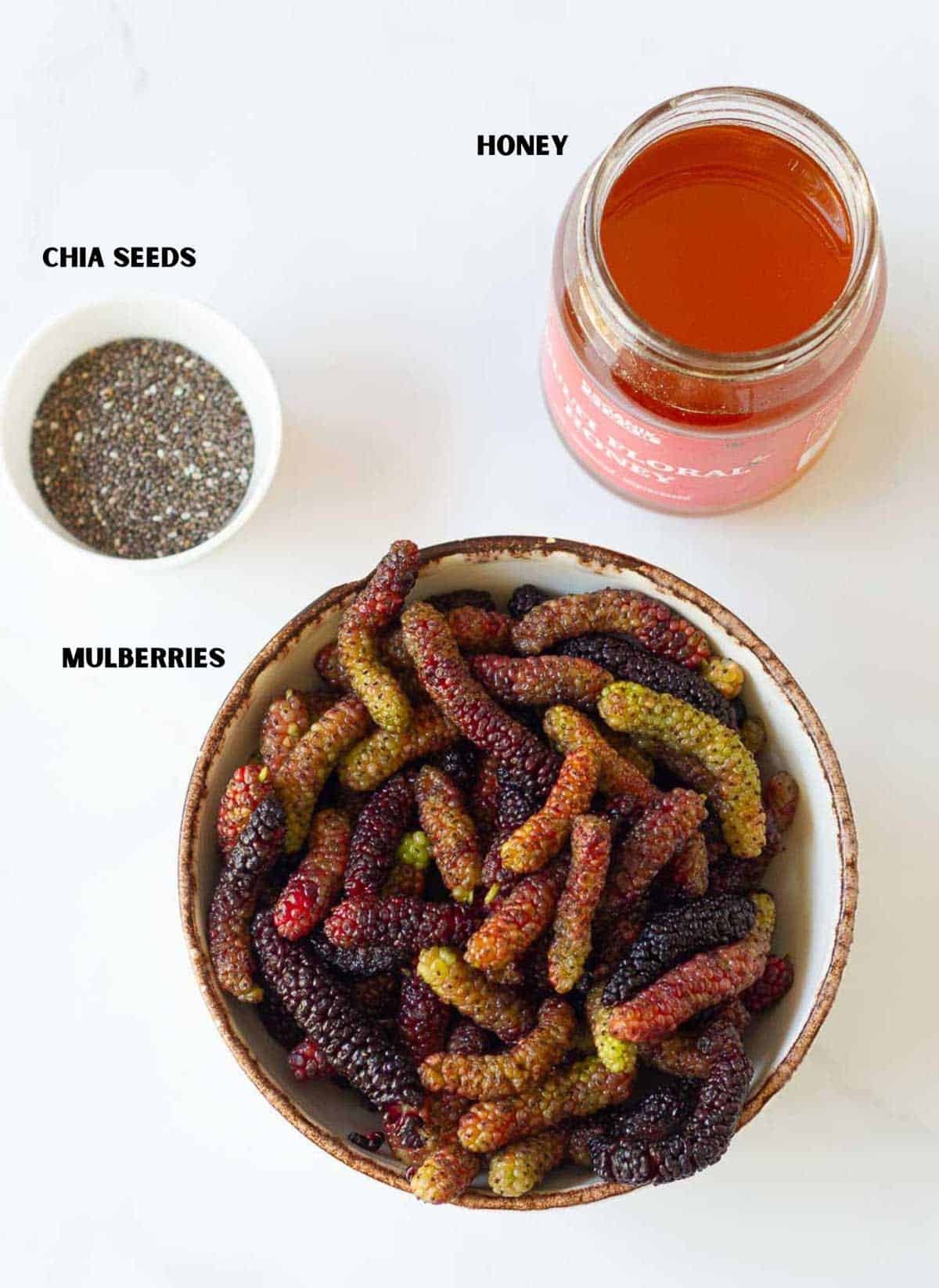 Ingredients for making mulberry chia jam.