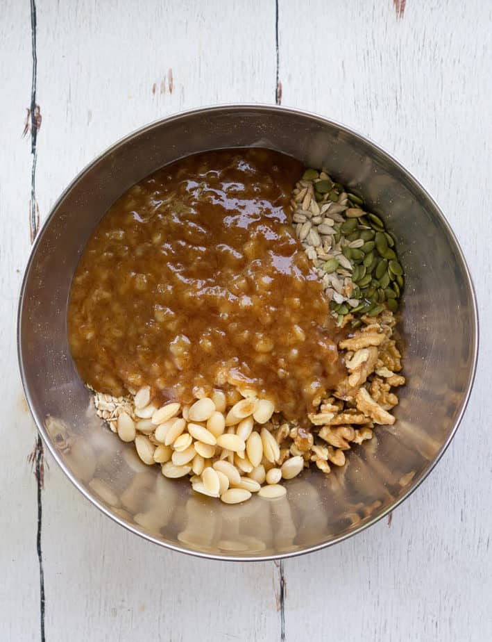 wet ingredients on dry ingredients in a large bowl.