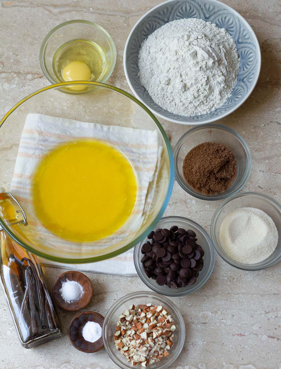 Ingredients for gluten-free chocolate chip cookies.