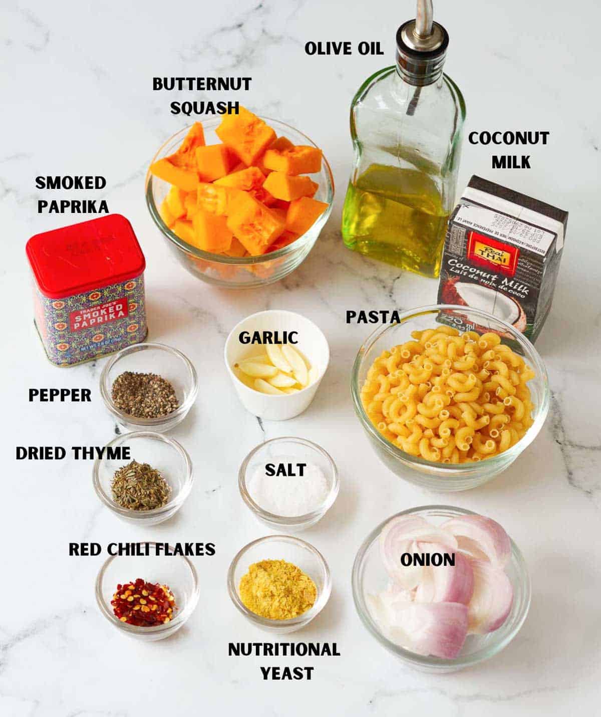labelled ingredients for making pumpkin mac and cheese.