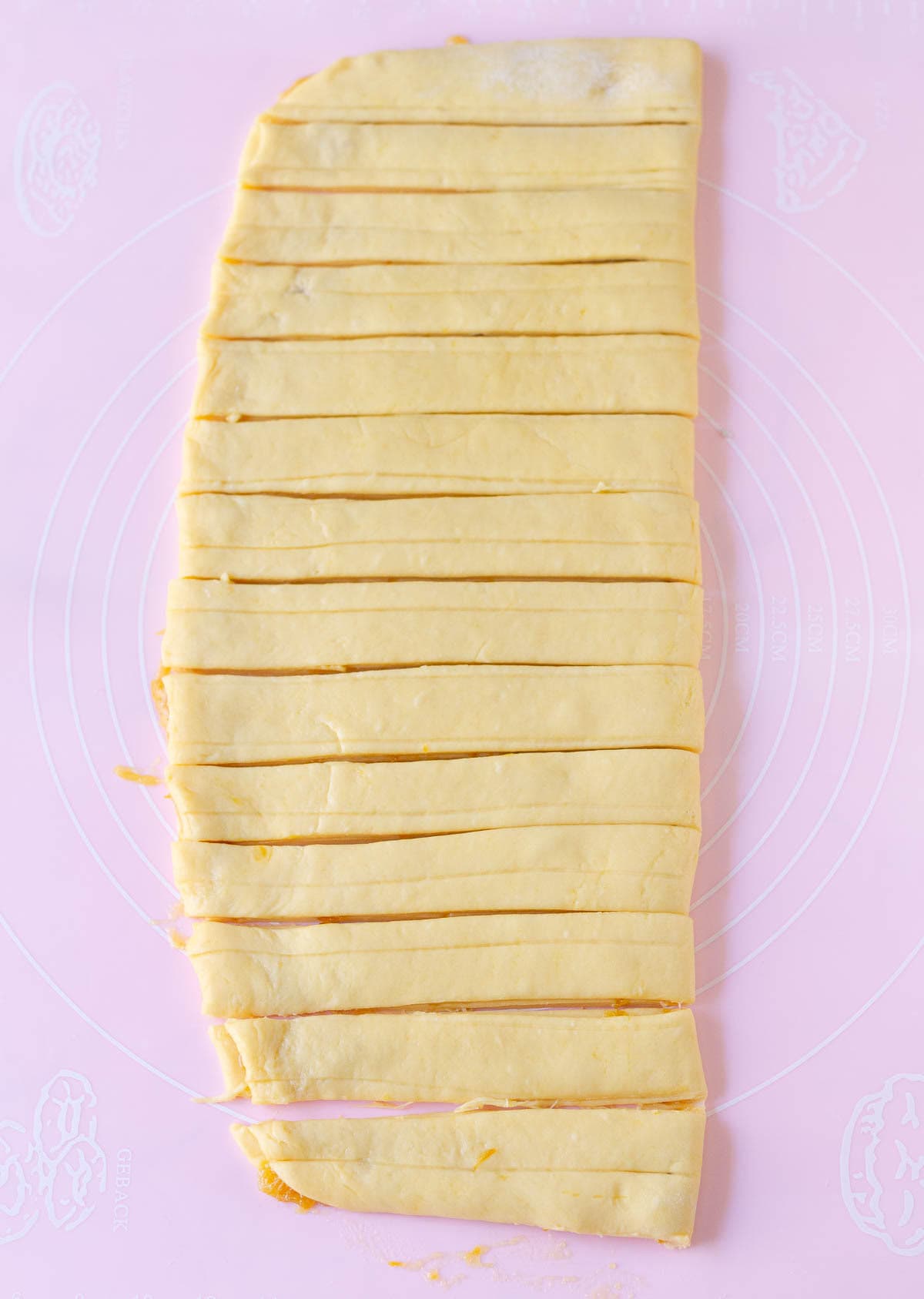 Folded dough cut into 14 pieces.