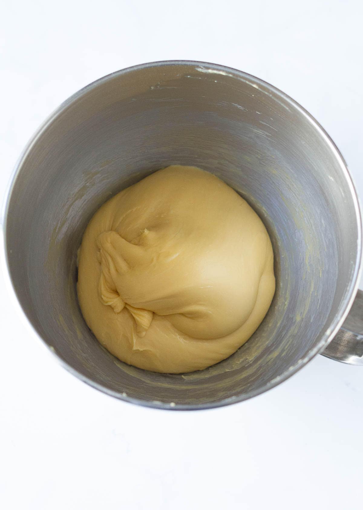 Kneaded dough in the stand mixer bowl.