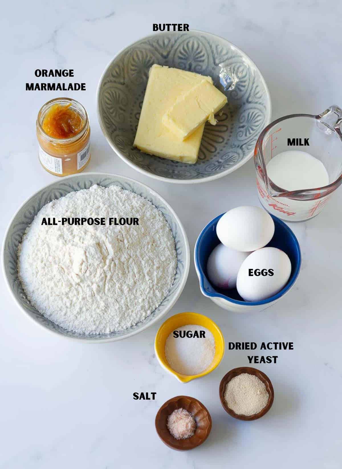 Ingredients for making Orange Brioche Sweet Rolls.