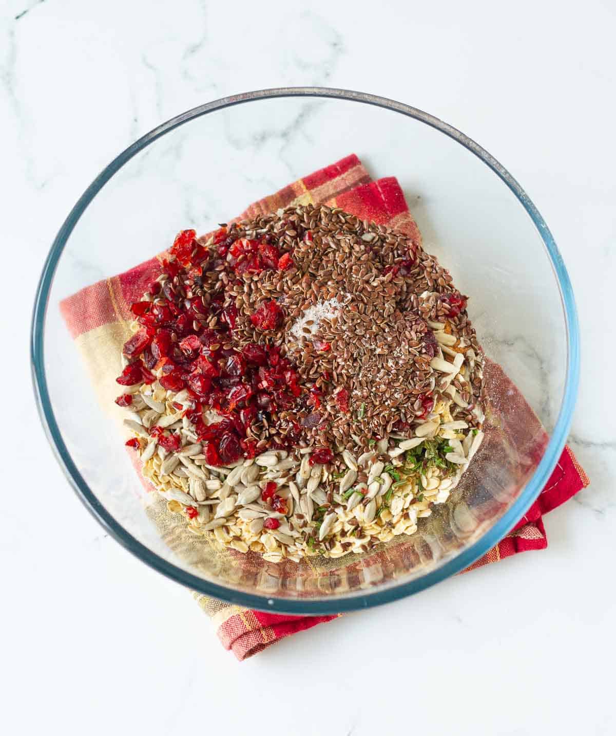 dry ingredients in a glass mixing bowl.