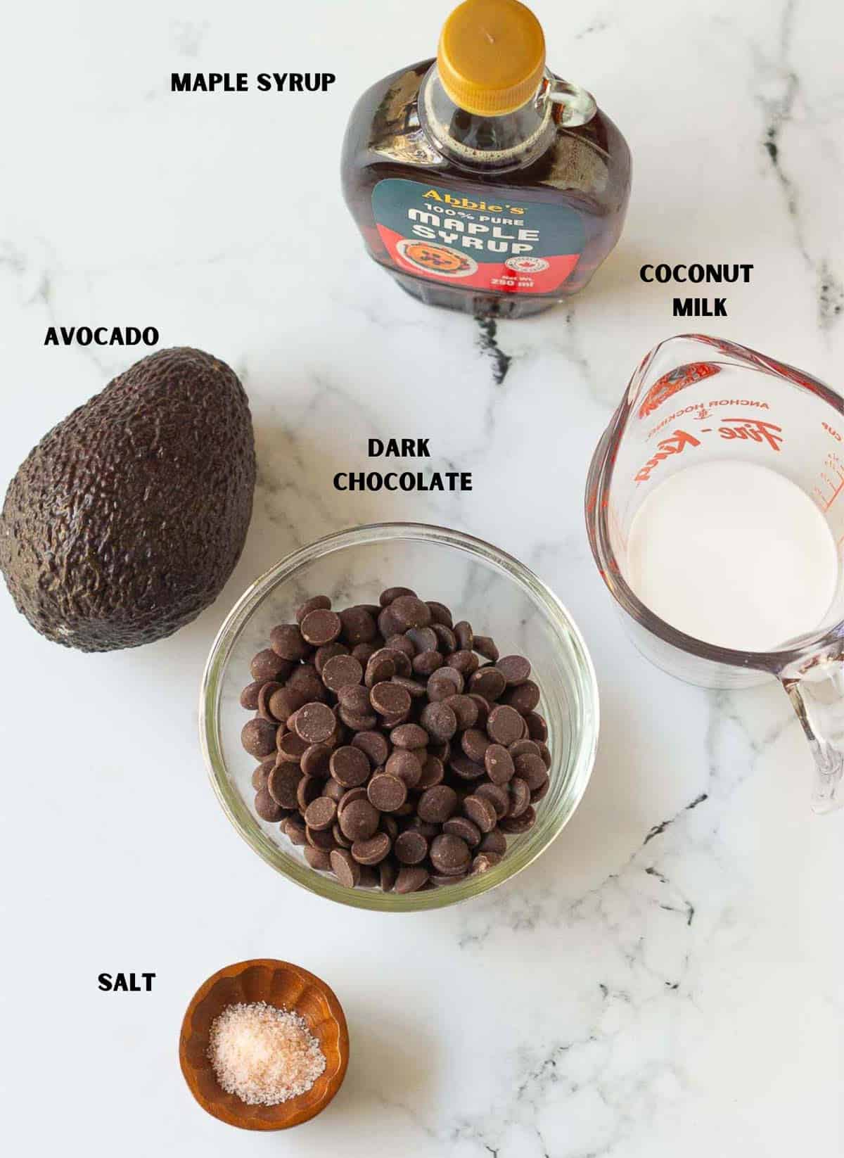 Ingredients for making avocado chocolate mousse.