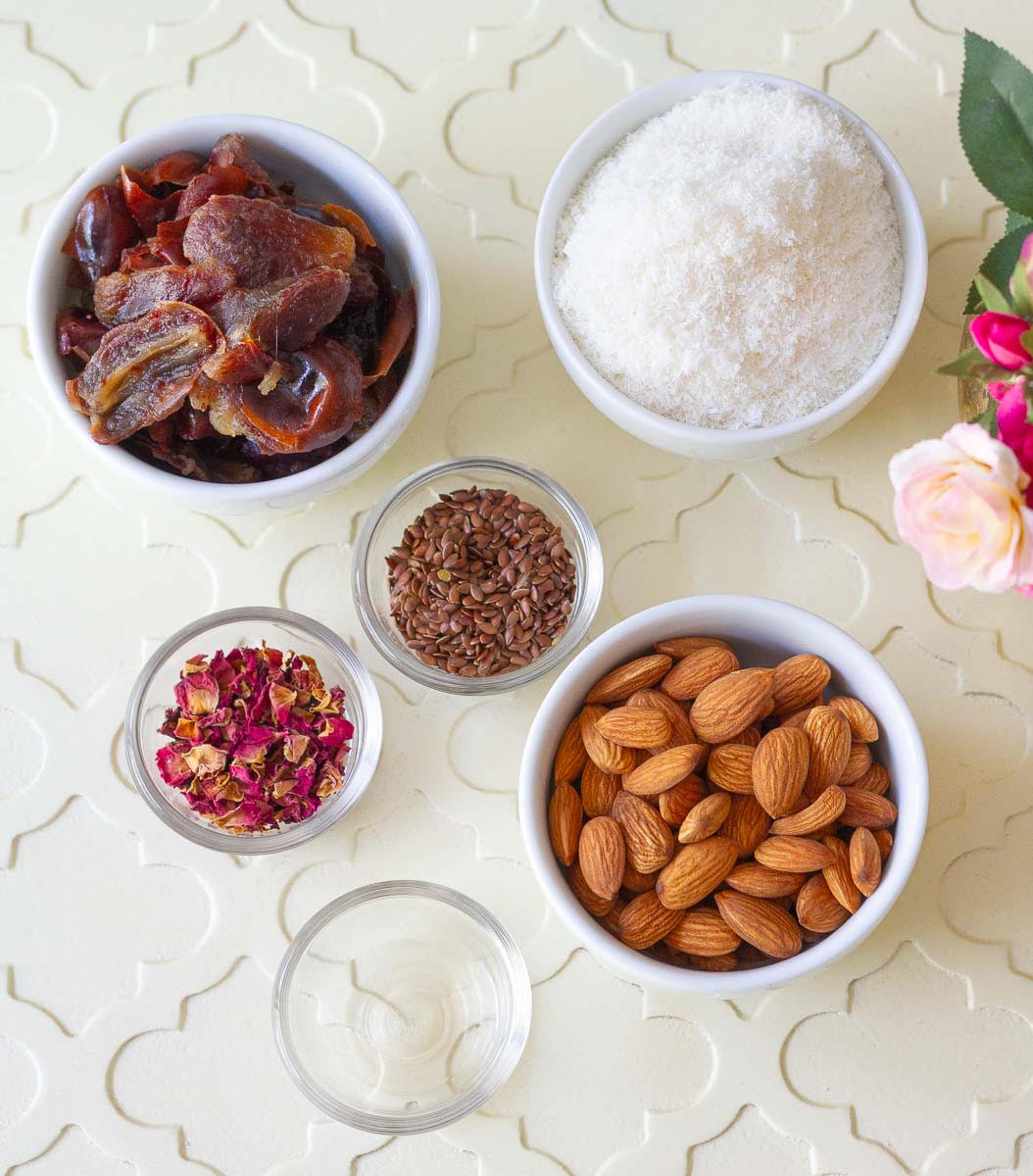 Ingredients for making Coconut Almond Bliss Balls.