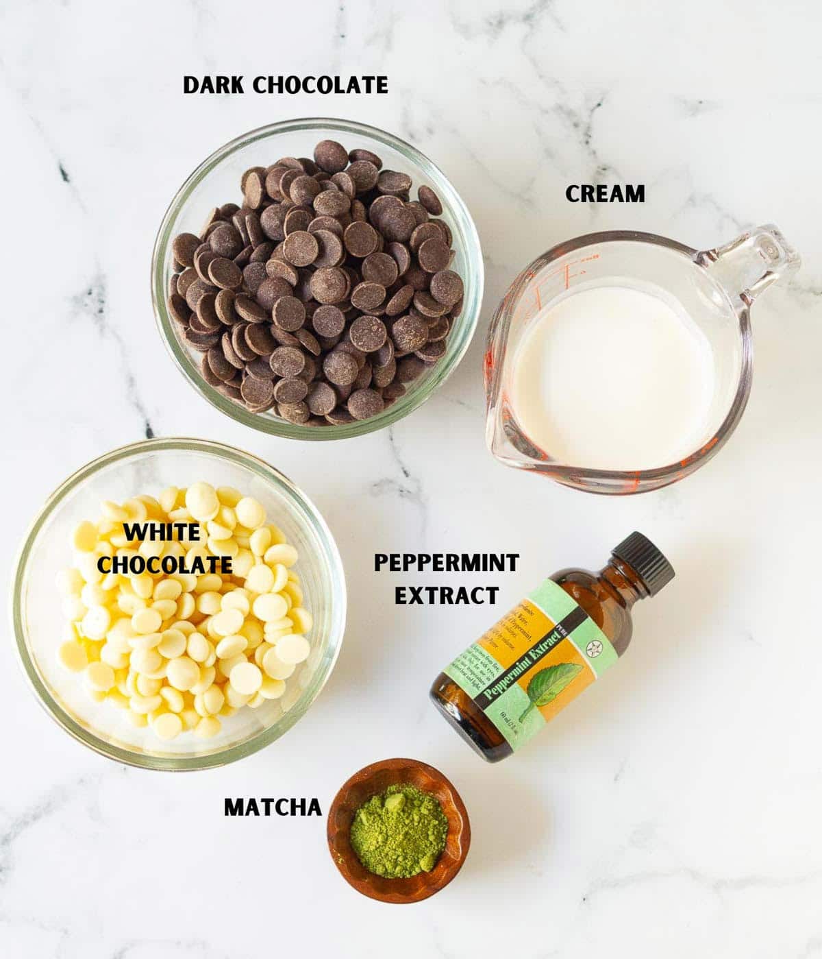Labelled ingredients for making chocolate mint matcha cups.