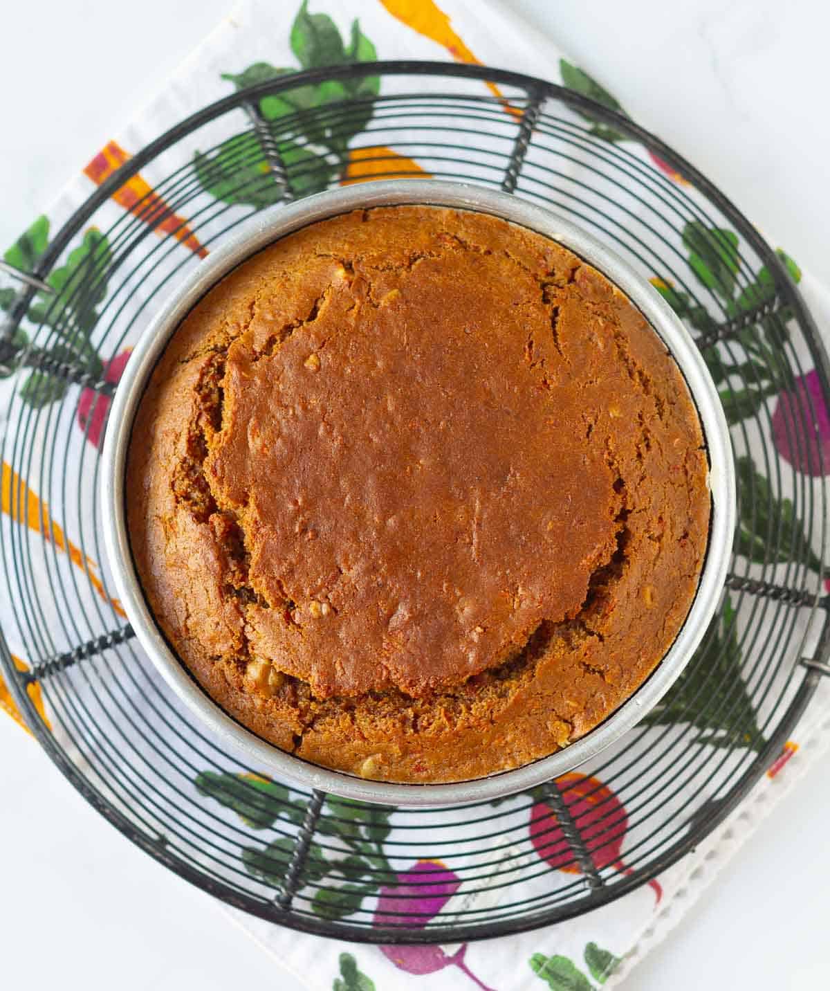 Baked carrot cake in a round baking tin.