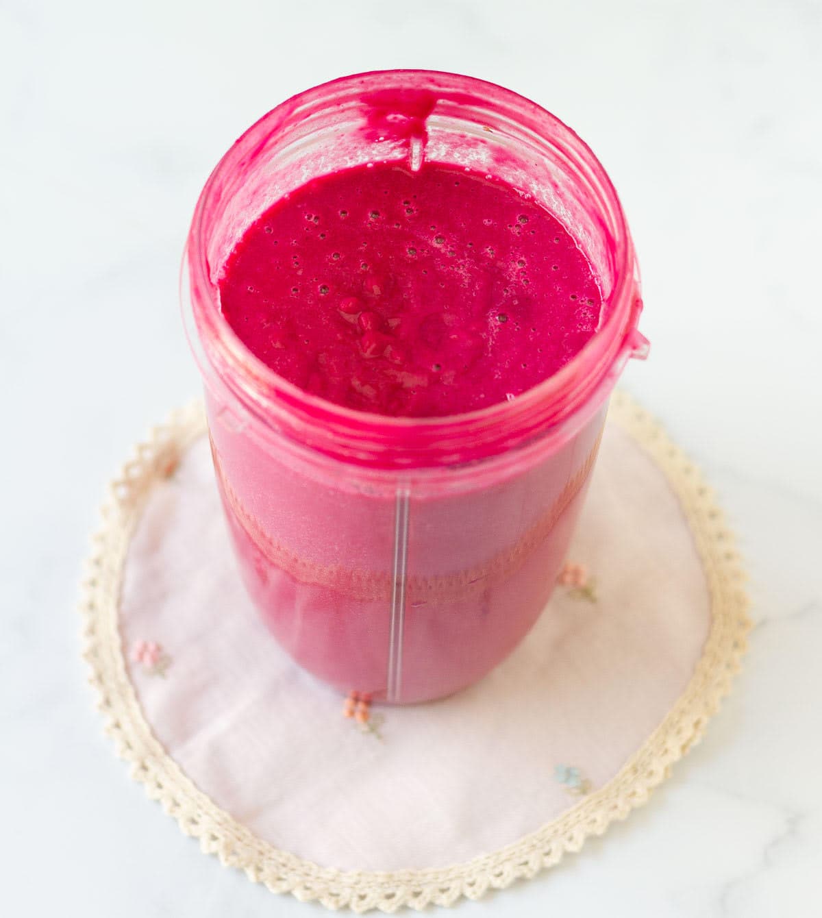 Blended smoothie in a blender jar.