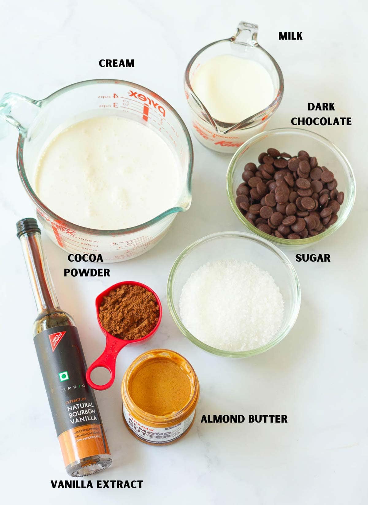 Ingredients for making chocolate almond ice cream.