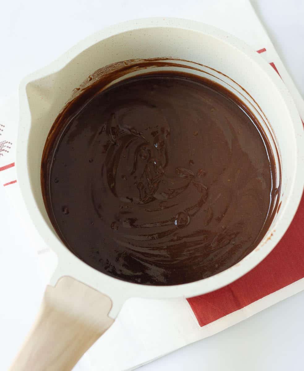 Chocolate mixture in a saucepan.