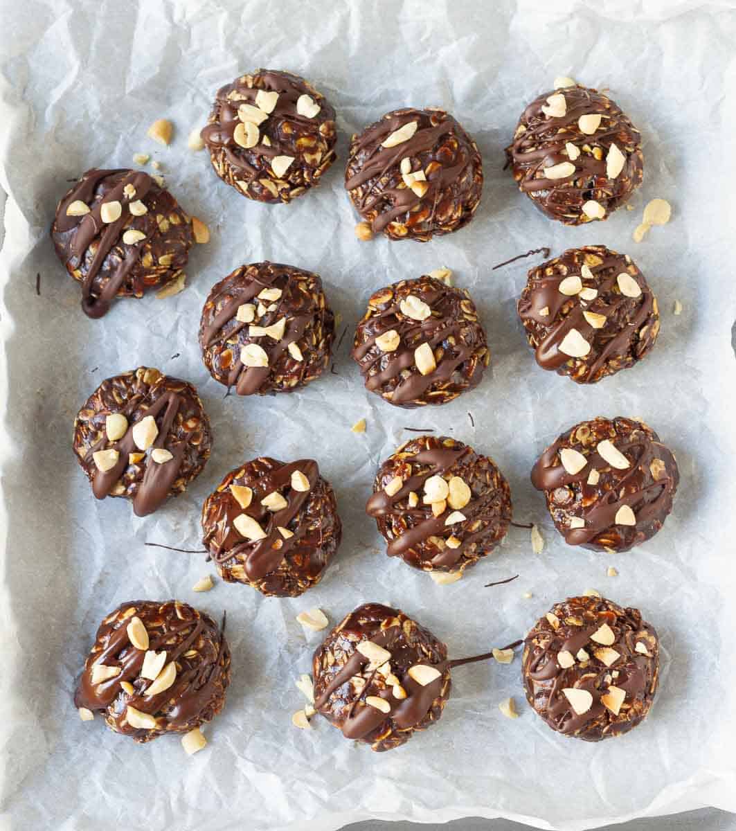 Chocolate Peanut Butter No-Bake Cookies on parchment paper.
