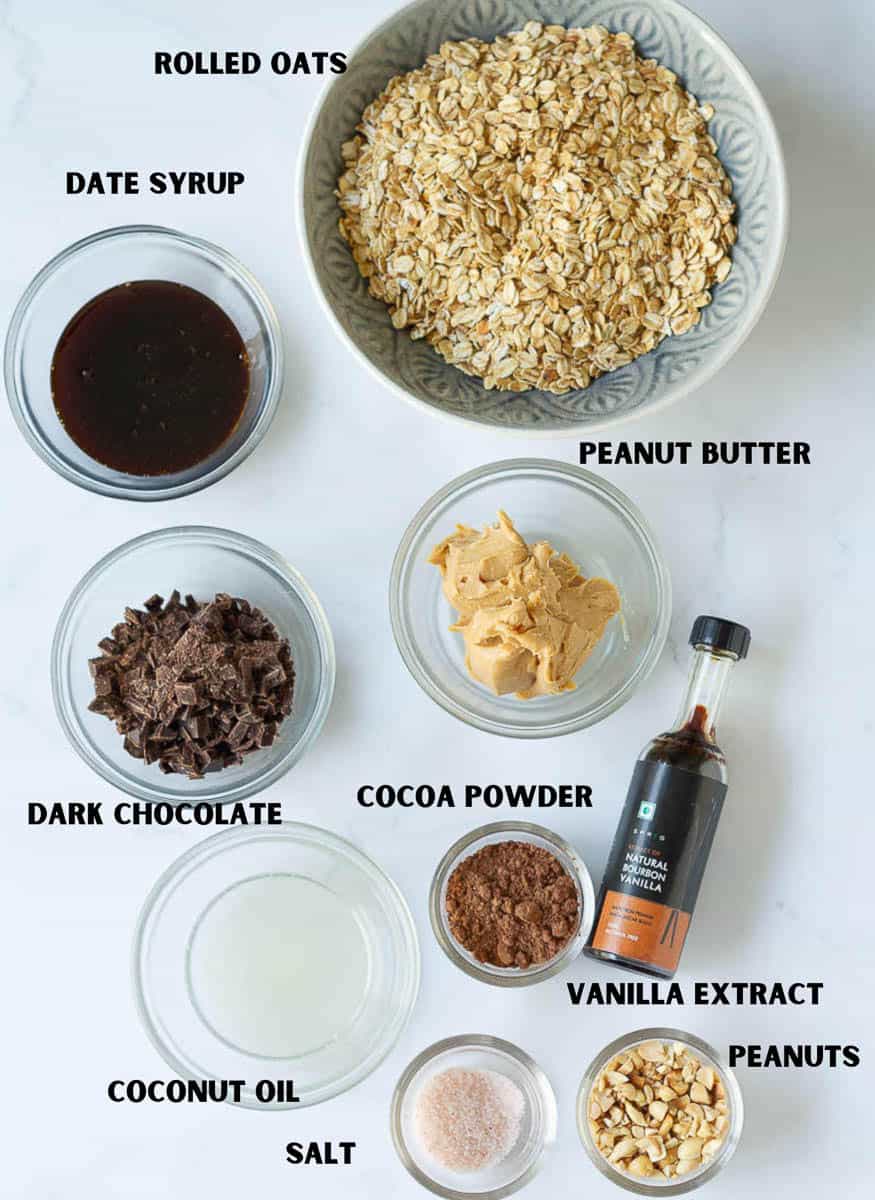Ingredients for making no-bake peanut butter chocolate cookies.