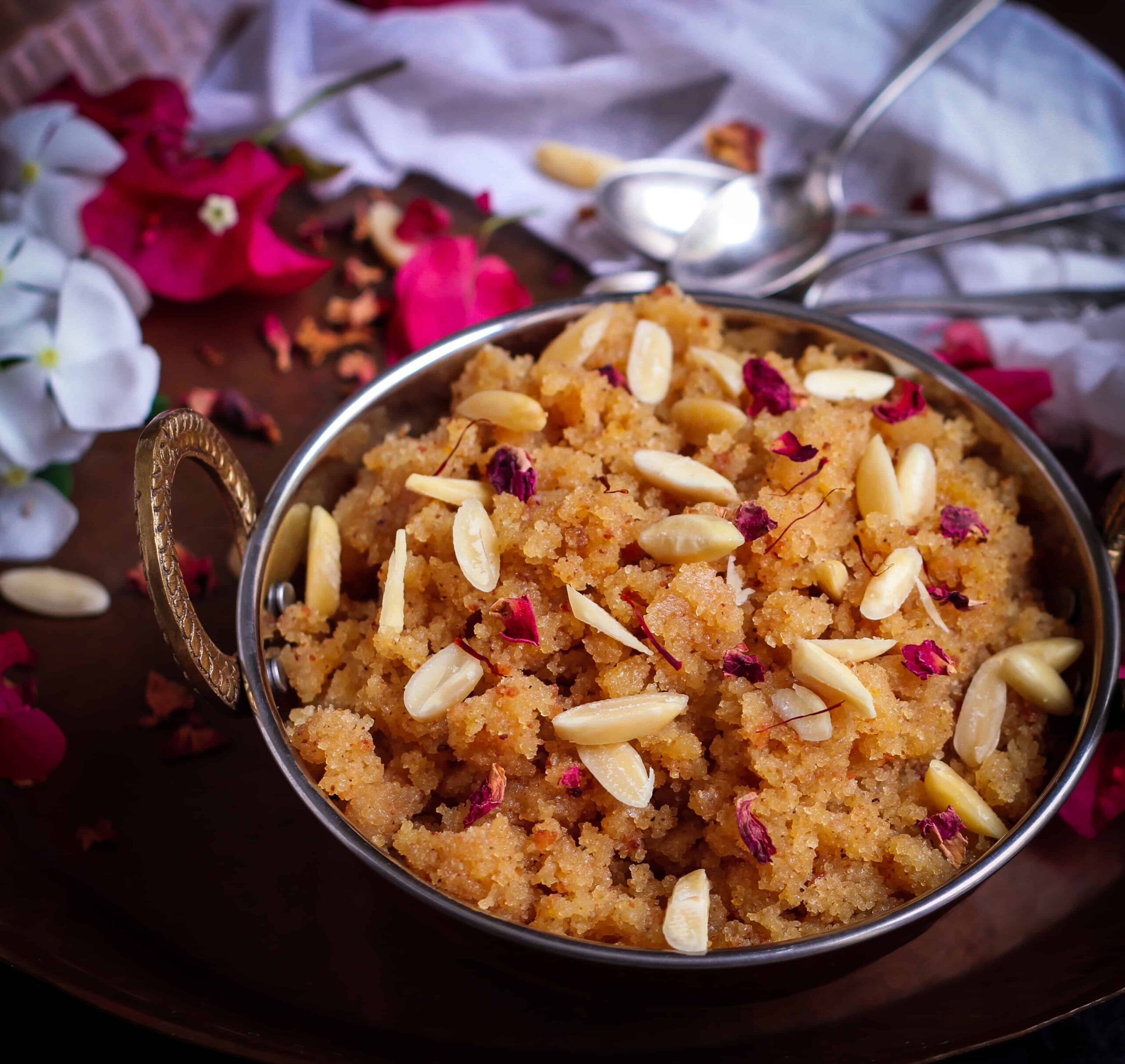 Sooji Badam Halwa in a small bowl.