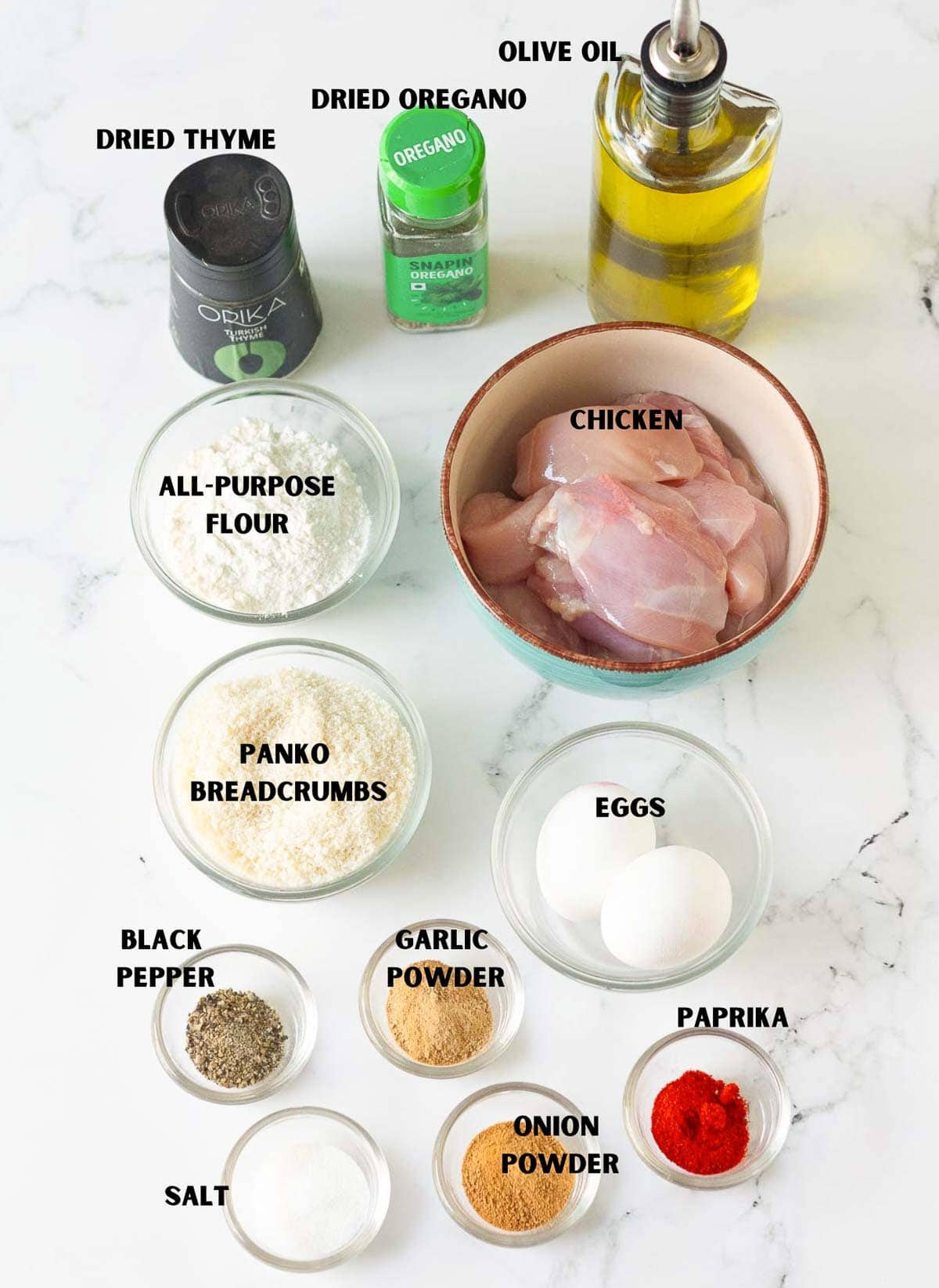 Labelled ingredients for making baked chicken nuggets.