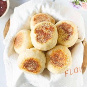 A basket of English muffins made without an oven.