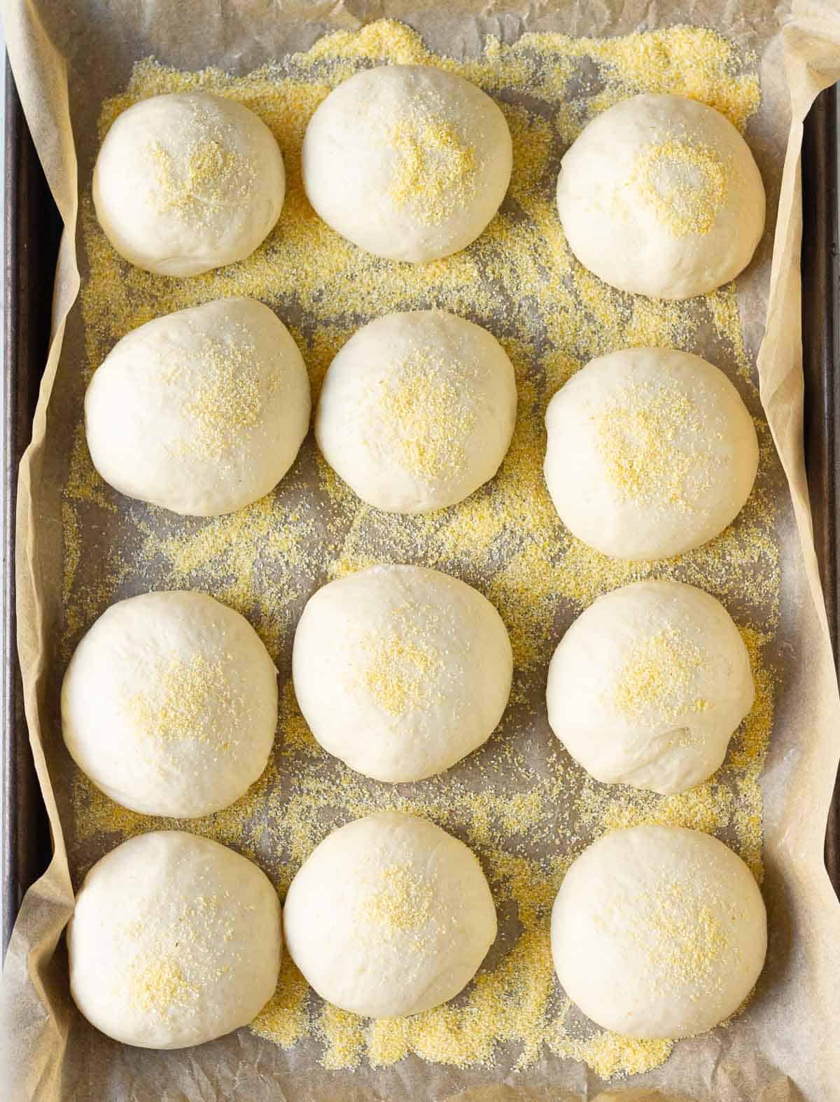 Proofed dough balls on a baking tray sprinkled with cornmeal.