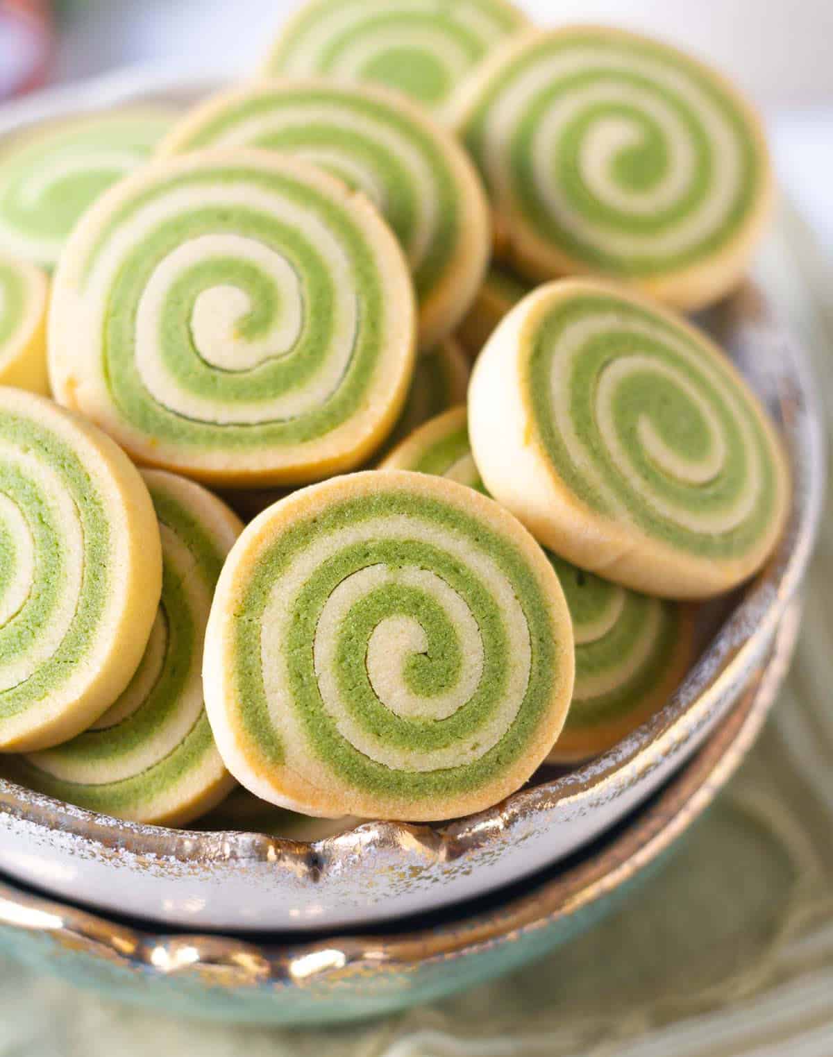 pinwheel cookies in a serving bowl.