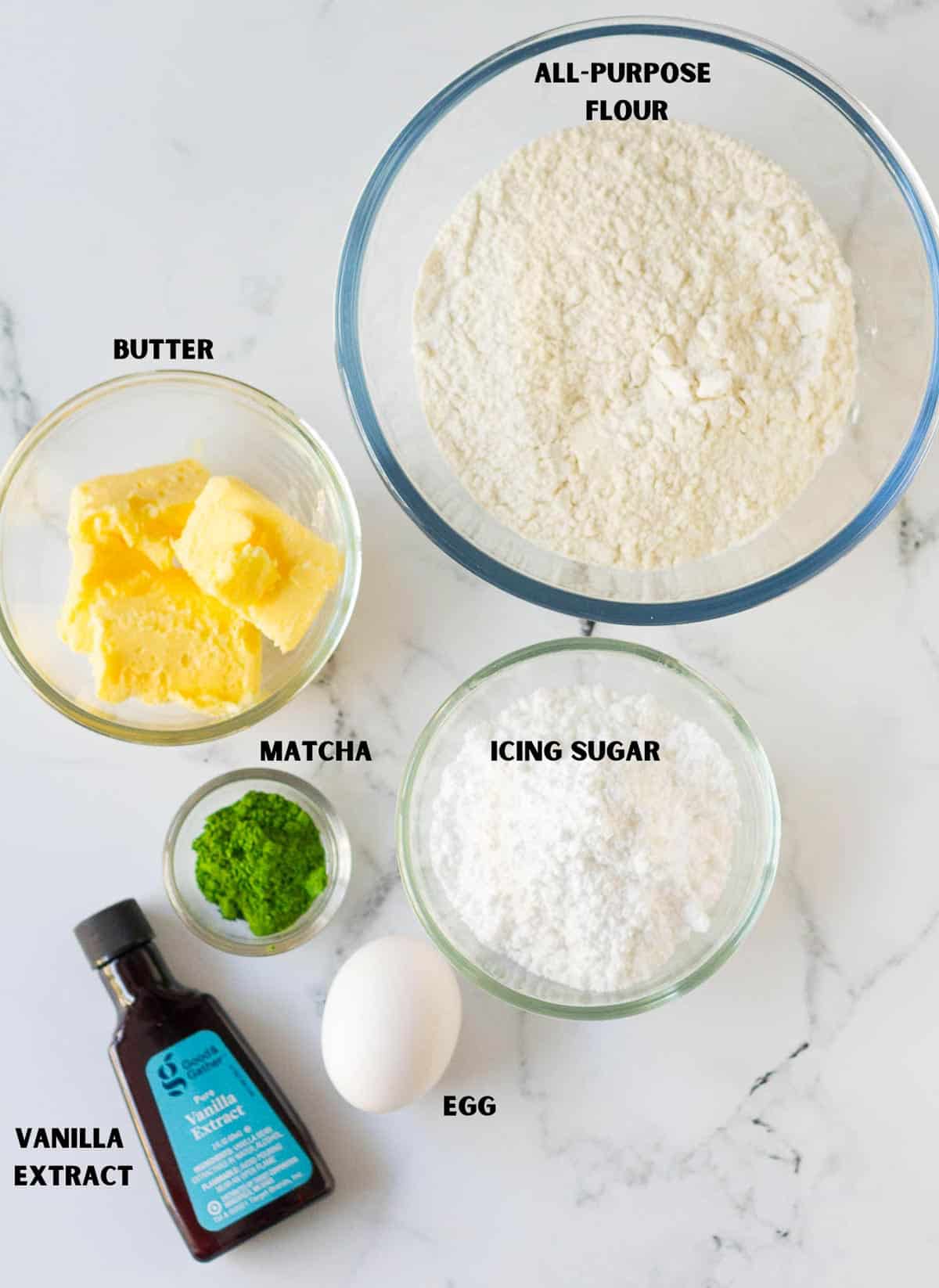 Ingredients for making matcha cookies.
