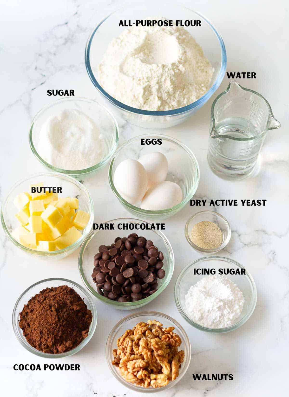 ingredients for making chocolate babka.
