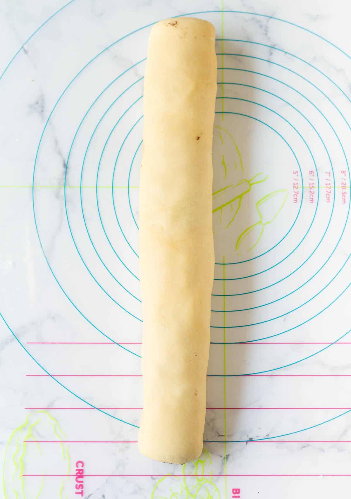 Rolled up dough with chocolate filling.