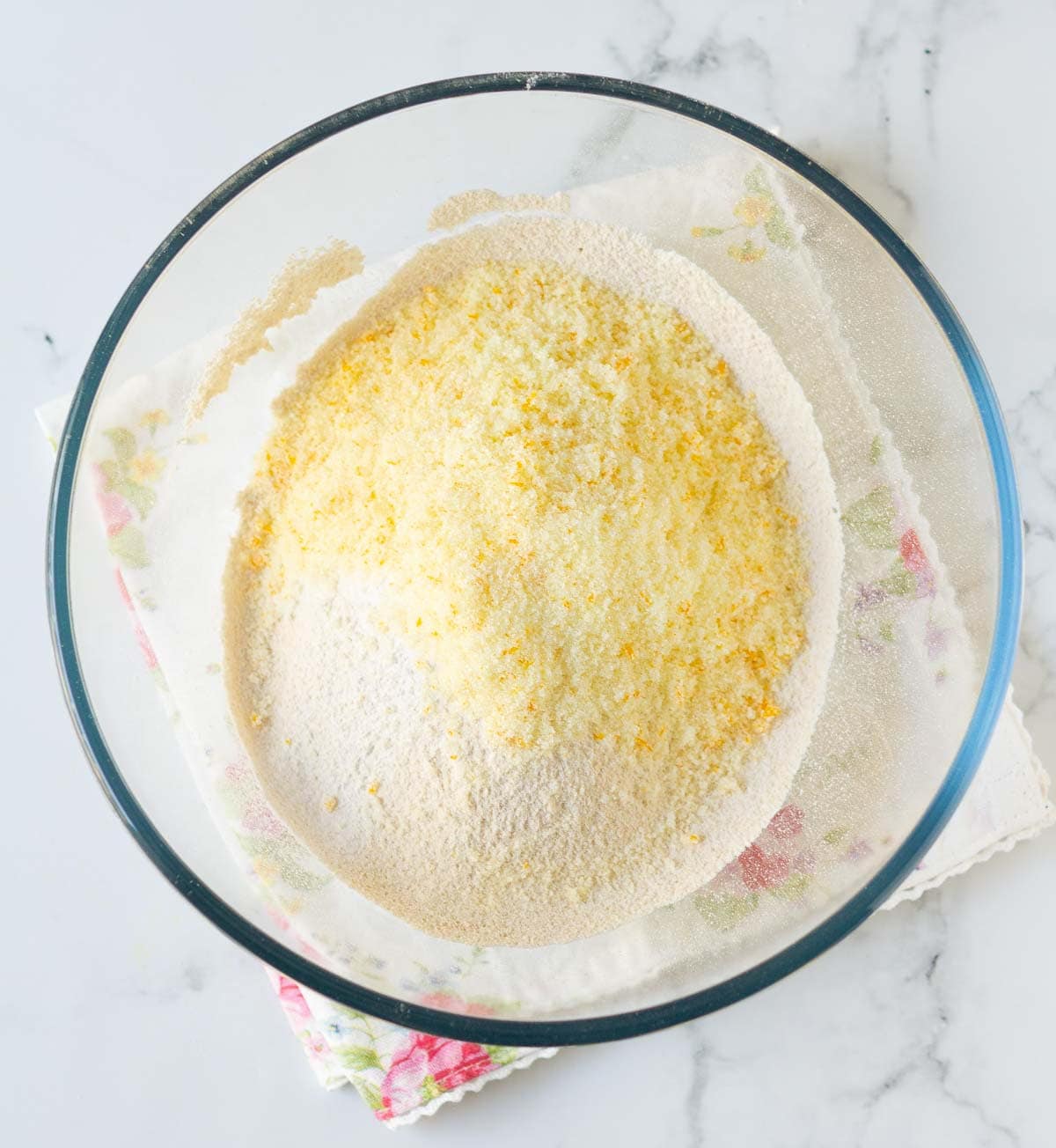 Dry ingredients for making muffins in a bowl.