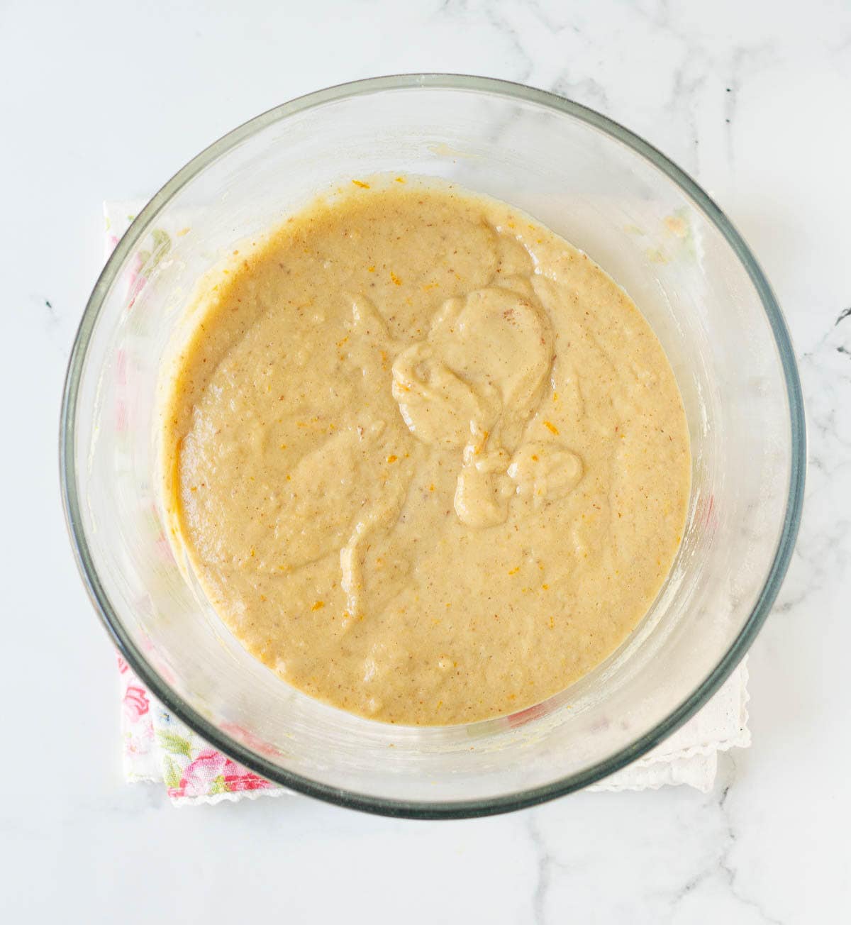 Batter for muffins in a mixing bowl.