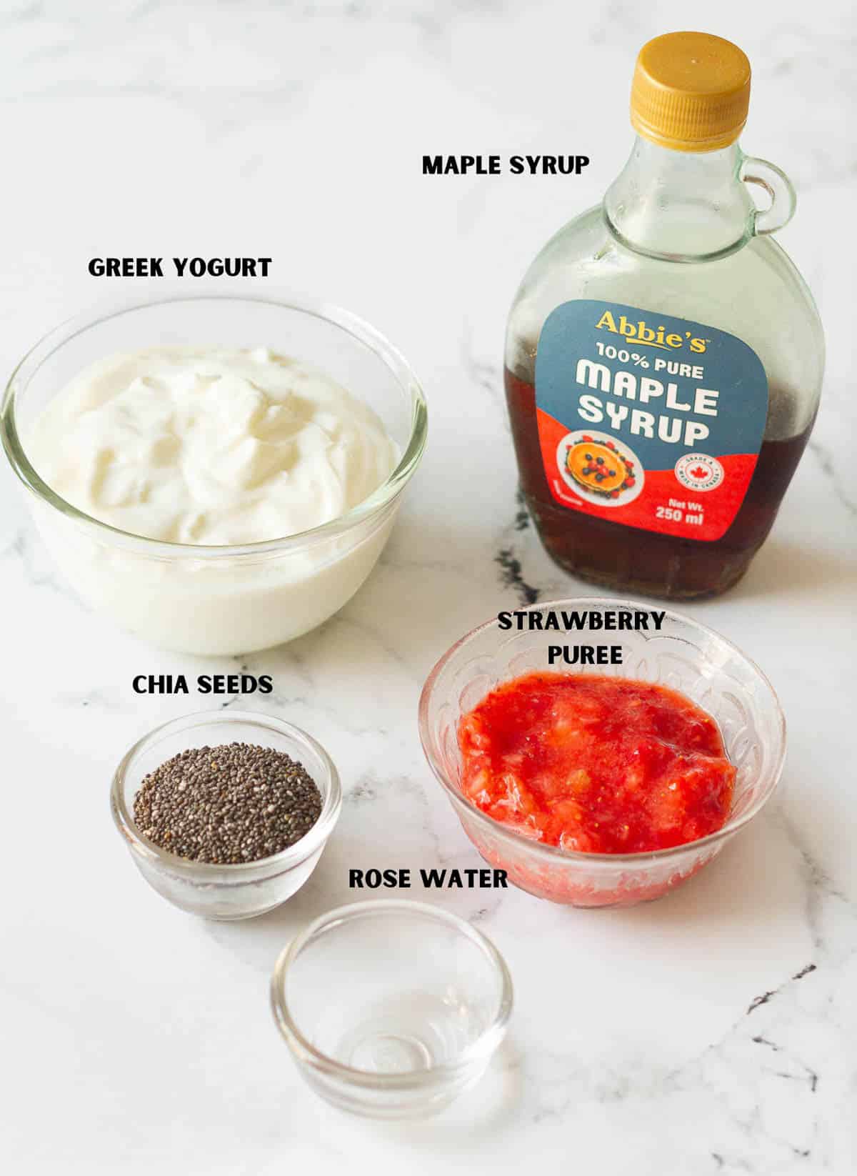 ingredients for making strawberry rose chia pudding.