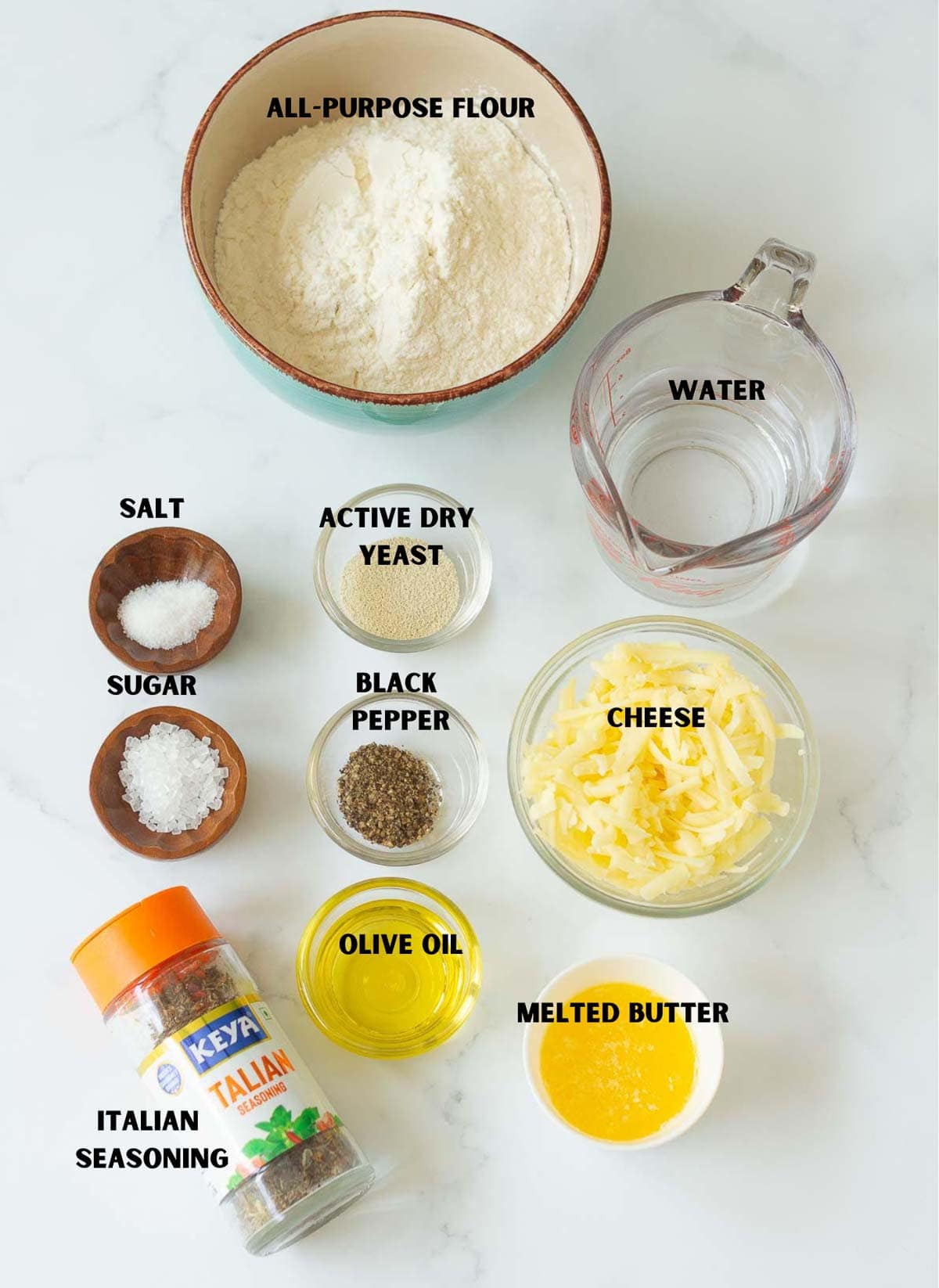 labelled ingredients for making cheese bubble bread.