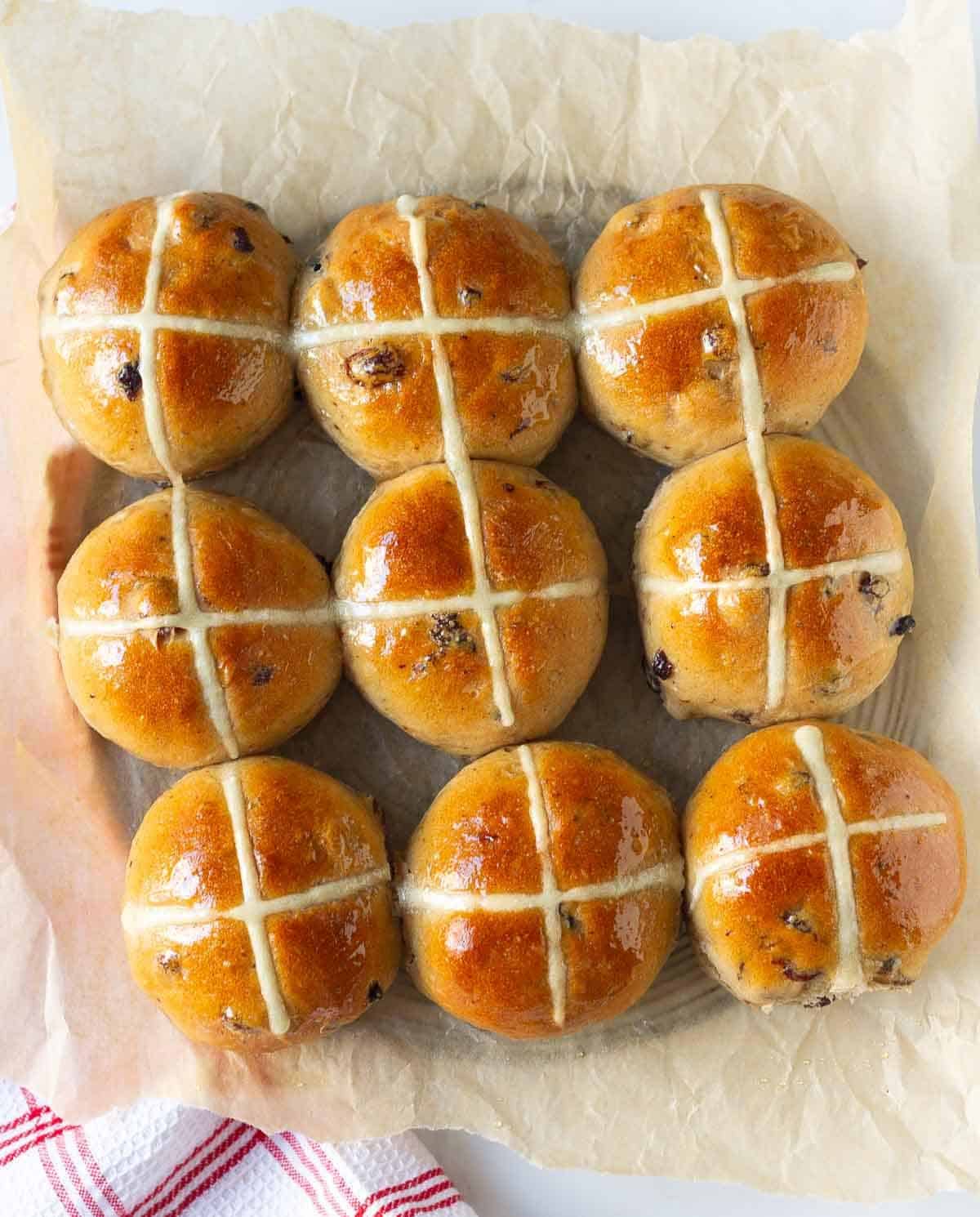 Hot cross buns with glaze.