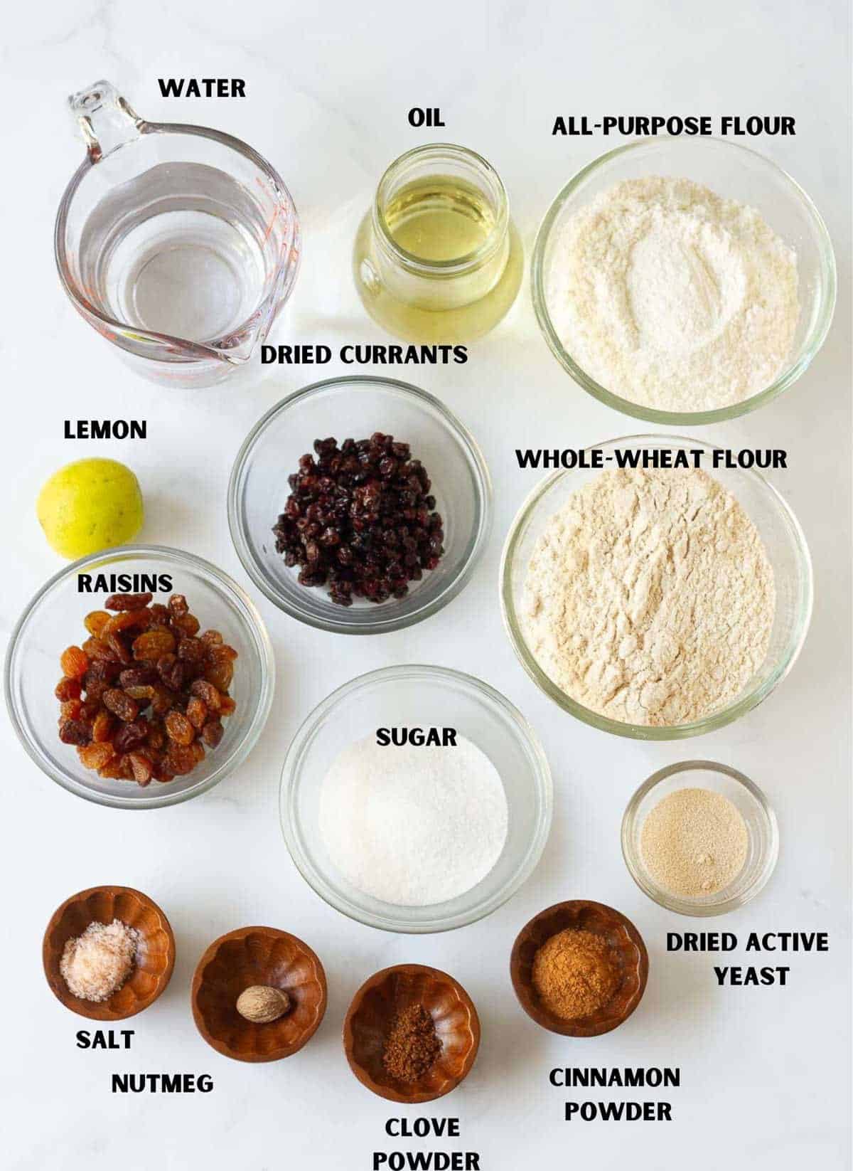 Ingredients for making vegan hot cross buns.