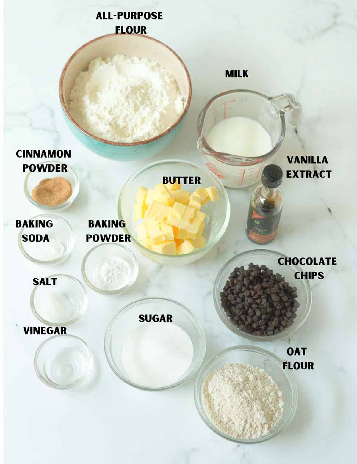Labelled ingredients for making Cinnamon Chocolate Chip Scones.
