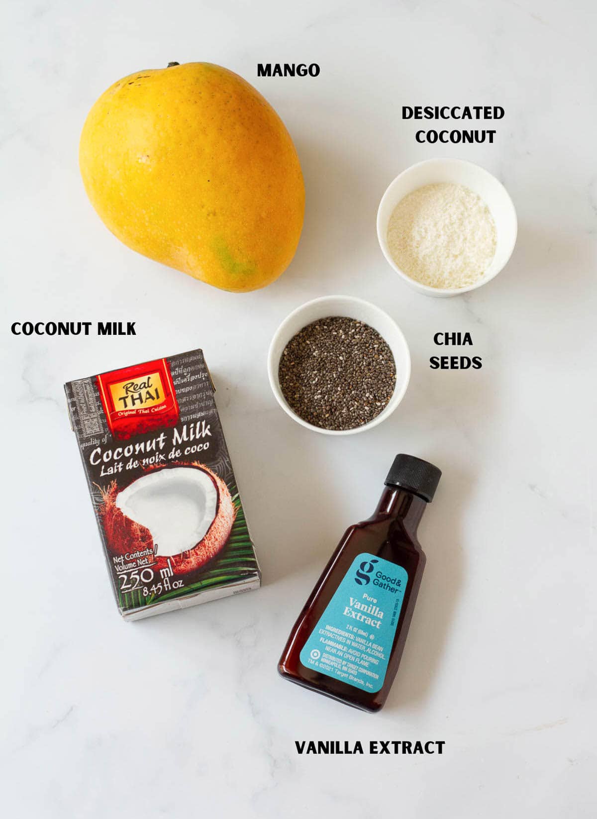 Ingredients for making mango coconut chia pudding.