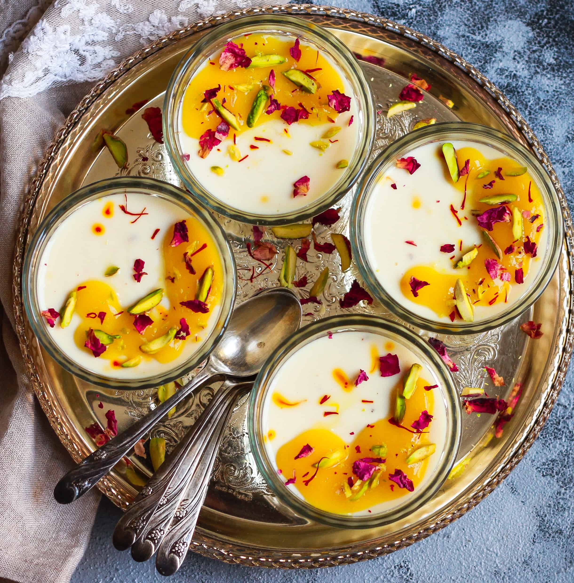 Saffron Cardamom Baked Yogurt with Mango.