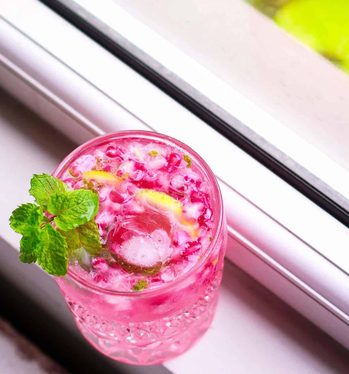 Pomegranate mojito cocktail in a glass with fresh mint garnish.