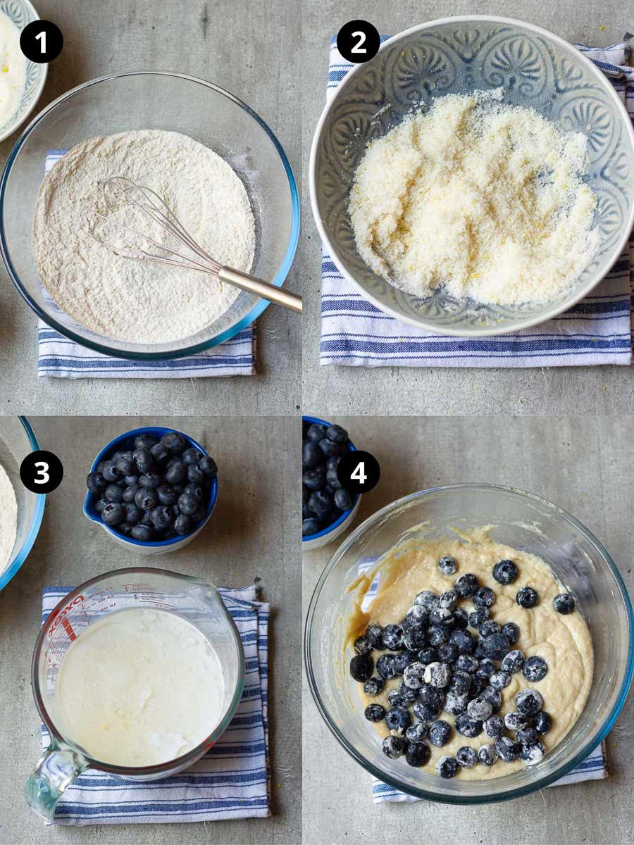 Process for making blueberry lemon muffins.