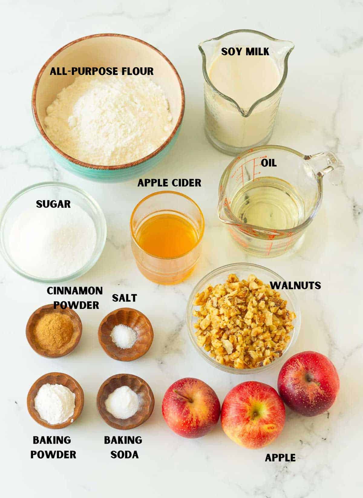 labelled ingredients for making apple crumb cake.