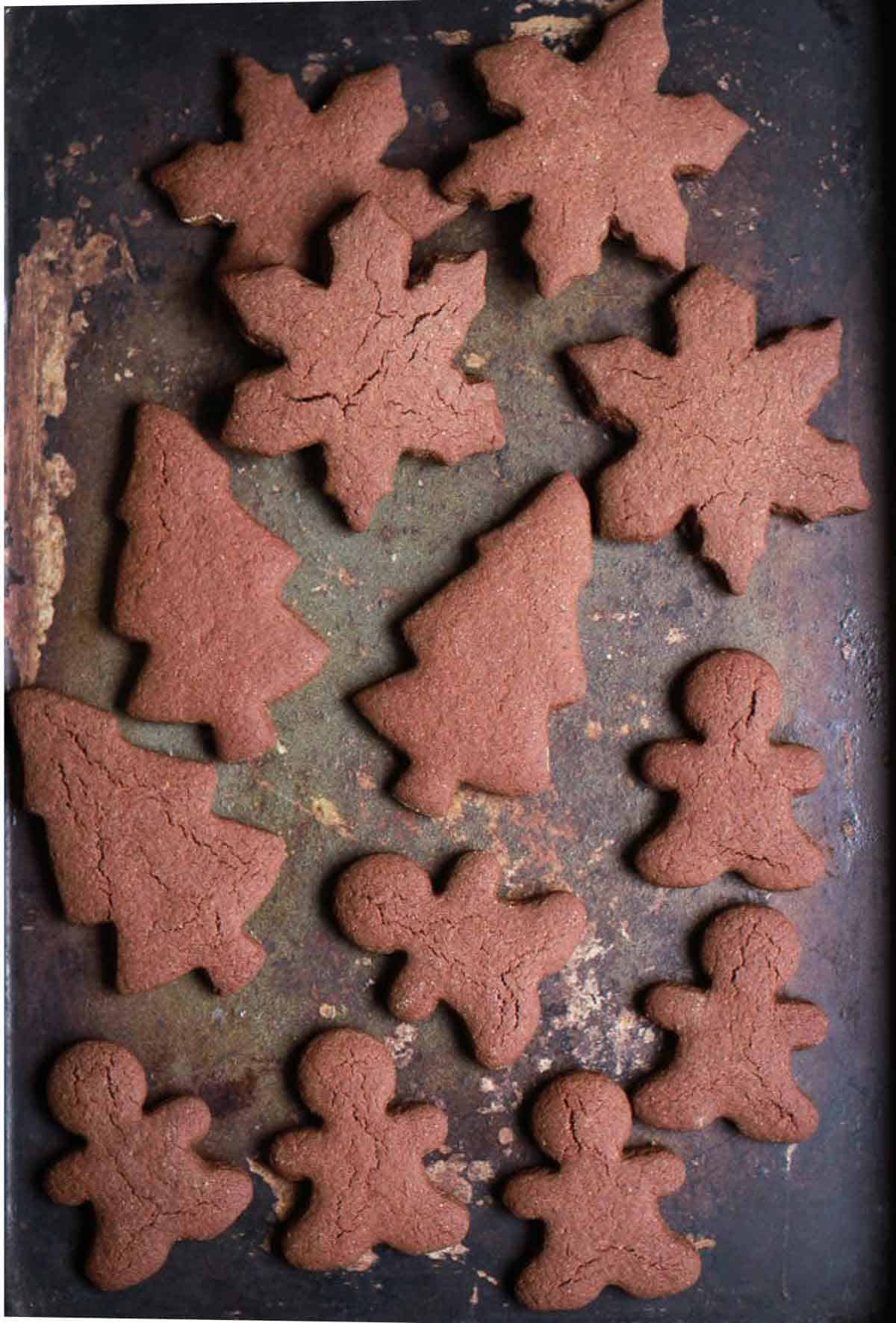 baked chocolate gingerbread cookies on a baking tray.