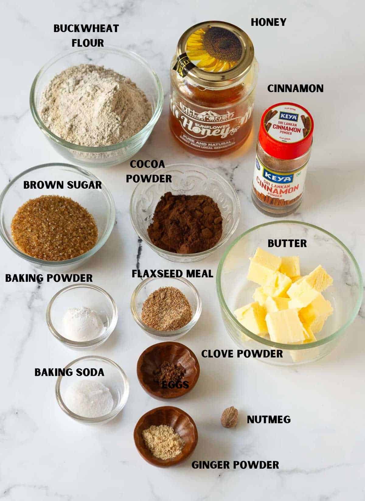ingredients for making gluten-free chocolate gingerbread cookies.
