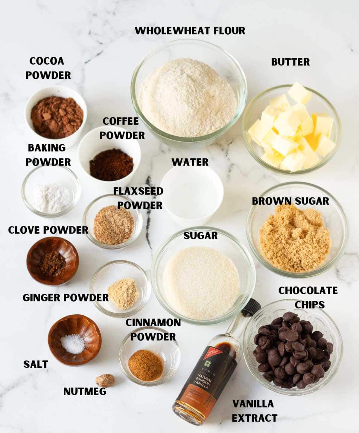 Labelled ingredients for making mocha gingerbread biscotti.