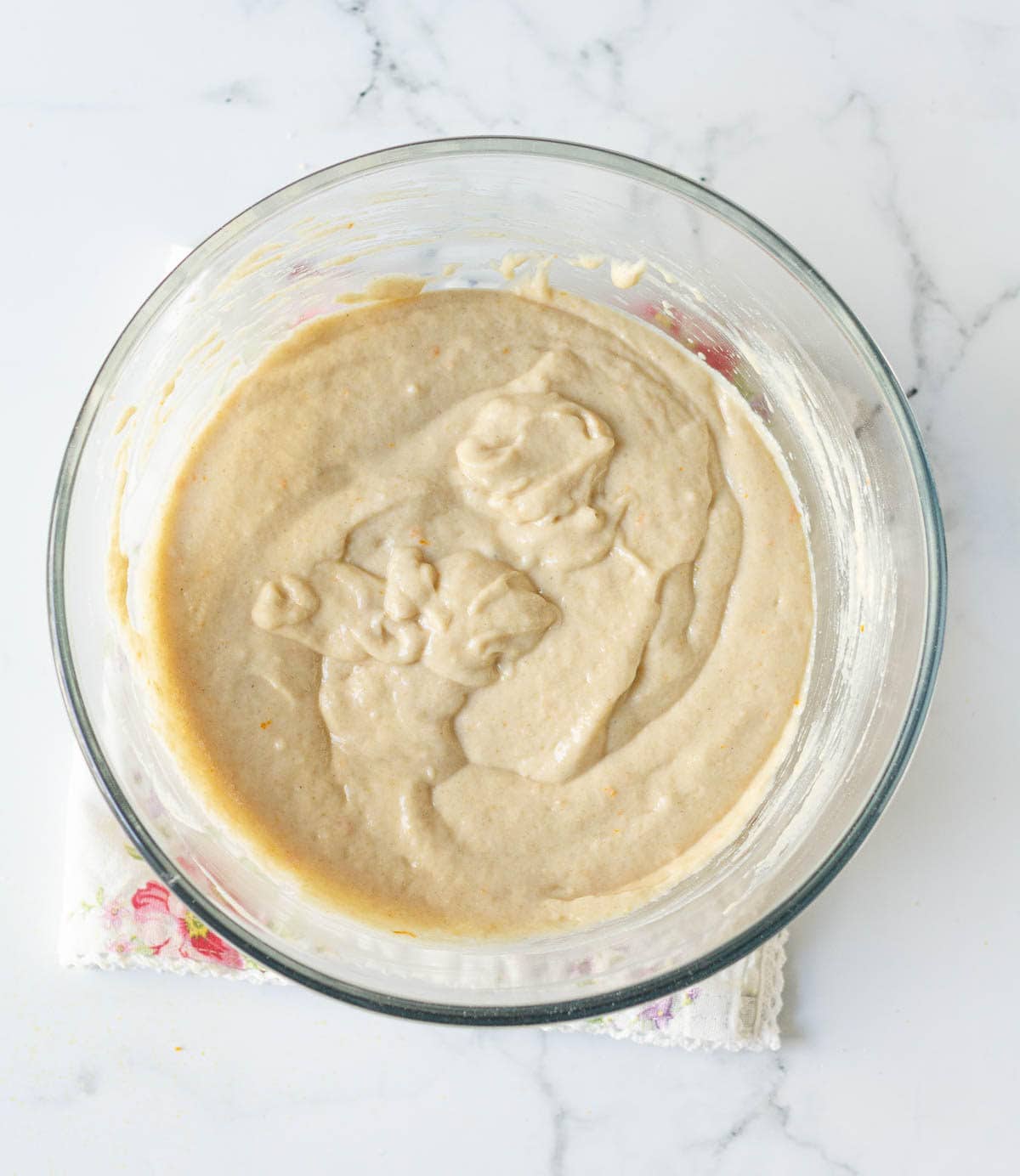 Cake batter in a mixing bowl.