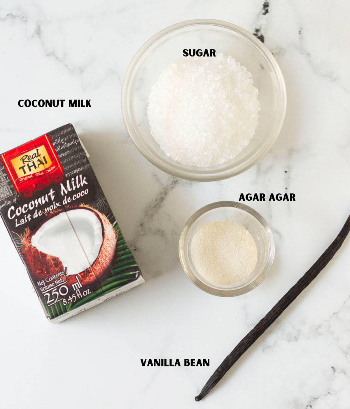 Labelled ingredients for making coconut panna cotta.