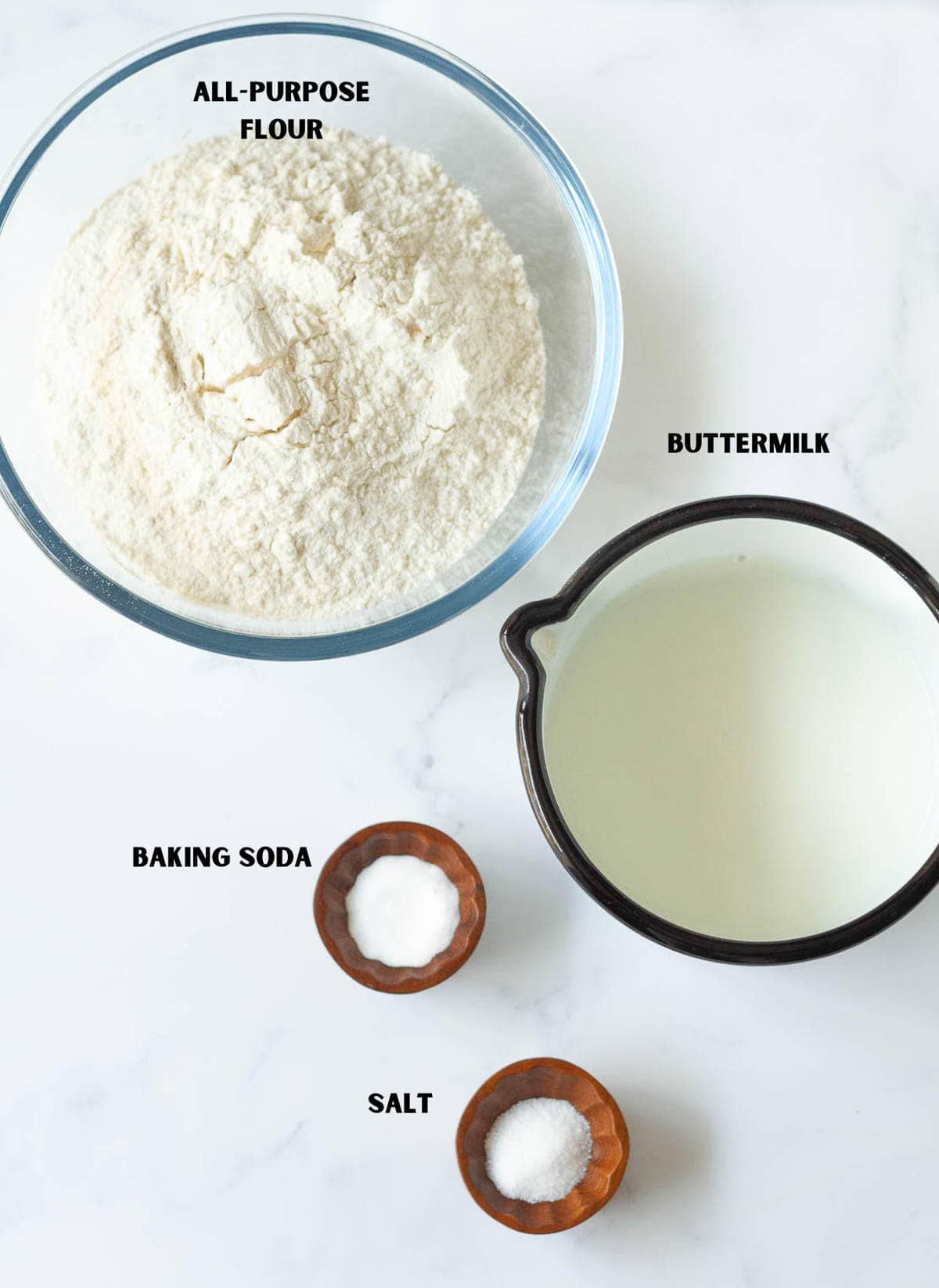 Labelled ingredients for making Irish soda bread.