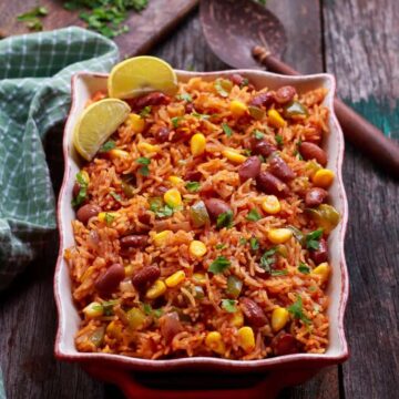 Easy Mexican Rice in a serving dish.