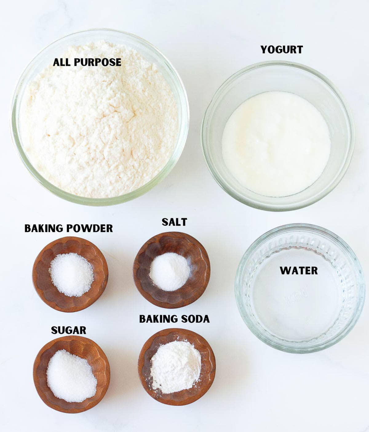 Labelled ingredients for making no yeast naan.