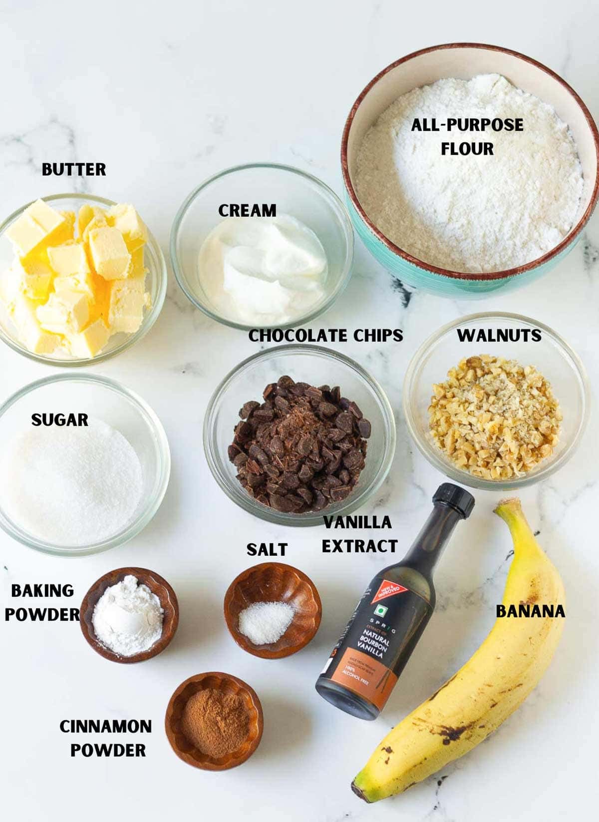 Labelled ingredients for making banana scones.
