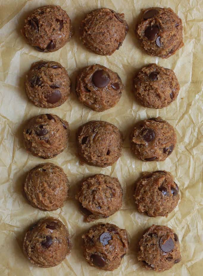 Scooped out dough for Eggless Chocolate Chip Cookies