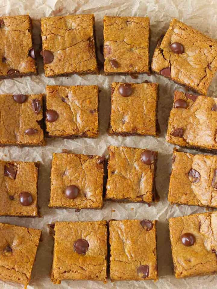 16 squares on blondies on parchment paper.